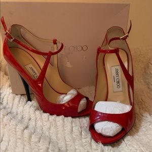 Genuine Jimmy Choo Size 37 Red Patent Leather T-Strap 4.5” Pumps